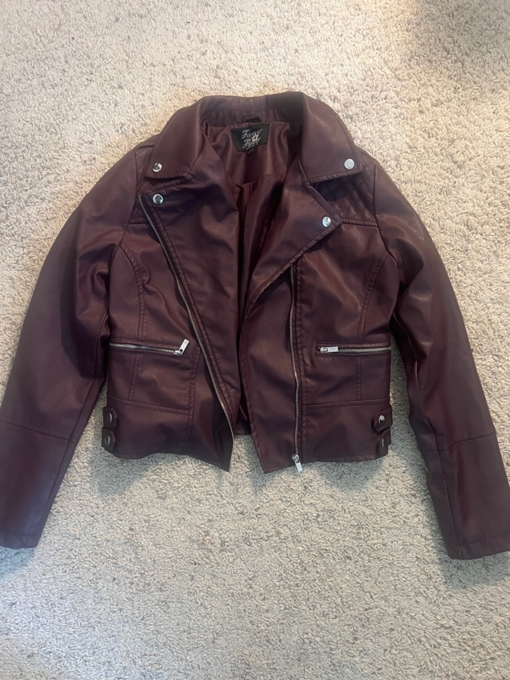 Faux Leather Moto Jacket - Burgundy